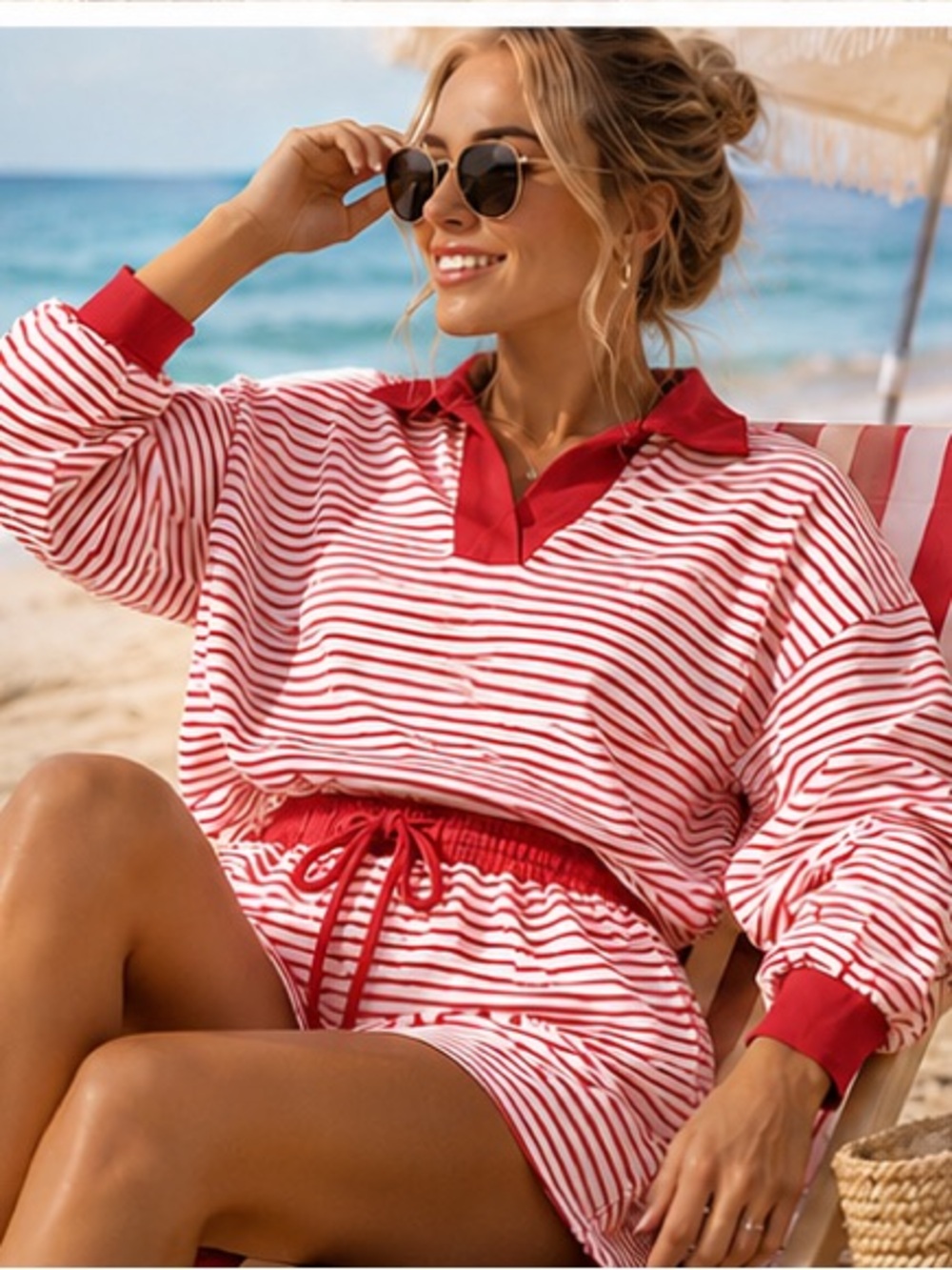 Striped Red & White Women's Polo Beach Set, NWT, size xl